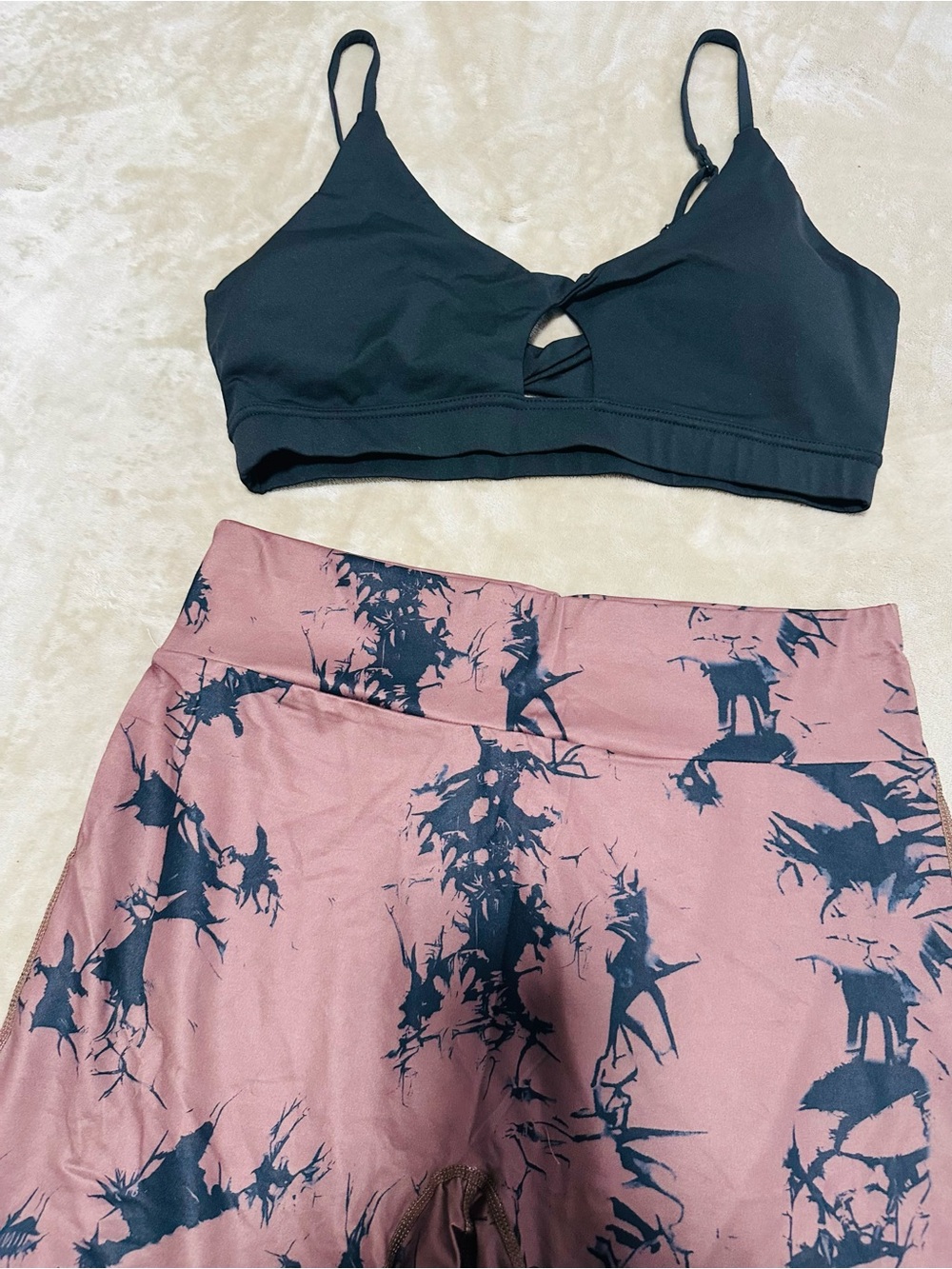 Women’s Pink Floral Active Leggings with Black Sports Bra